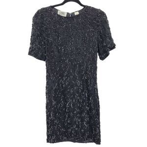 Vintage 80's Niteline Dress Silk Formal Black Swirl Sequin Beaded Short Sleeve 4